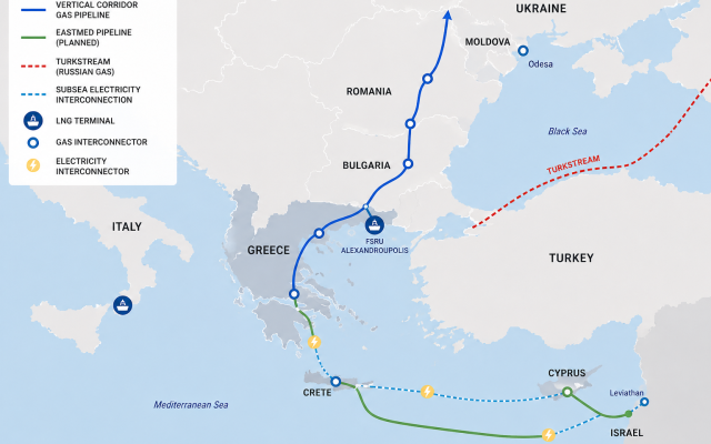 Illustration : carte schématique des axes EastMed, Corridor vertical, TurkStream et interconnexion électrique euro-asiatique, montrant les routes concurrentes de l’énergie entre Israël, Chypre, la Grèce, les Balkans, l’Ukraine et la Turquie. Crédit : Shay Gal. Utilisation autorisée avec attribution complète.