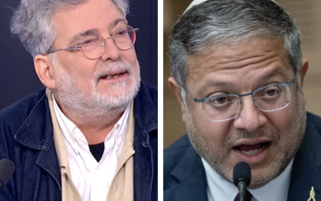 À gauche : Ofer Bronchtein sur le plateau de France 24. À droite : le ministre de la Sécurité nationale, Itamar Ben Gvir, assistant à une réunion de la commission de la Sécurité nationale, à la Knesset, le 31 décembre 2025. (Crédit : Chaïm Goldberg/Flash90)