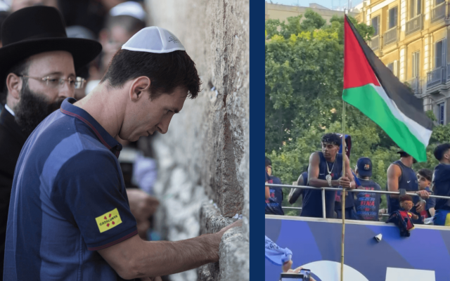Lionel Messi au Mur occidental lors d’une visite en Israël en 2013. L’Espagnol Lamine Yamal (R) agite un drapeau palestinien lors du défilé du championnat de Barcelone en mai. Photo par Oliver Weiken/AFP via Getty Images | Capture d’écran de Yamal via Instagram/hsmramy