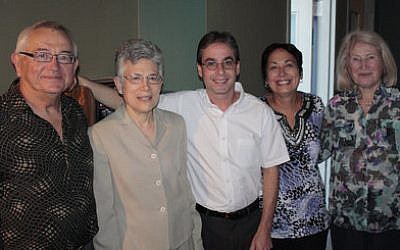The makers and some subjects of the Holocaust Testimony Project: Harry Schneider, survivor; Edie Naveh, executive producer; David Cohen, camerman/editor; Iris Samson, executive producer/filmmaker; and Solange Lebovitz, survivor.