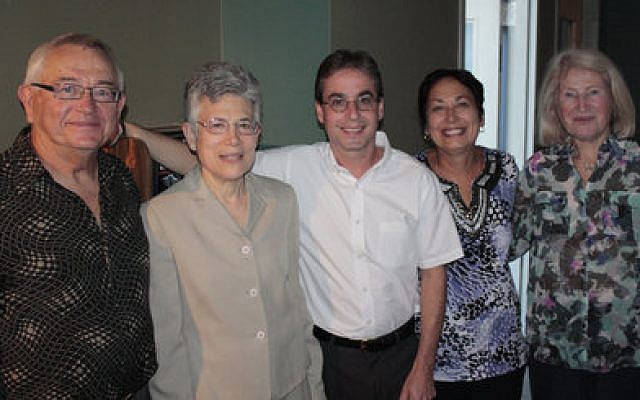 The makers and some subjects of the Holocaust Testimony Project: Harry Schneider, survivor; Edie Naveh, executive producer; David Cohen, camerman/editor; Iris Samson, executive producer/filmmaker; and Solange Lebovitz, survivor.