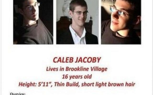 The missing persons flier for Caleb Jacoby, 16, which is being distributed by volunteers. (Credit: Brookline Police)