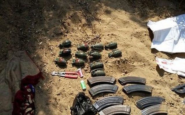 These weapons were found in a Hamas-built tunnel under the Israel-Gaza border, July 24, 2014. (Israel Defense Forces)