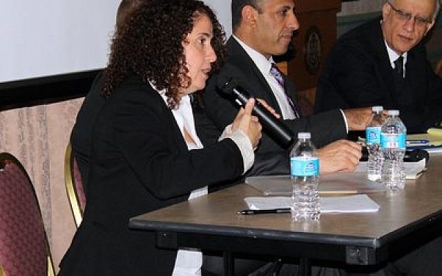 Khawla Rihani, director of Economic Empowerment for Women, makes a point as one of the featured panelists discussing the challenges of being an Arab Israeli. Also pictured are Aiman Saif (center) and Fathi Marshood. (Photo provided by the Pittsburgh Area Jewish Committee)