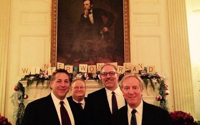From left: Rabbi Aaron Bisno, Lazar Palnick, Roger Levine and Cliff Levine, all of Pittsburgh, were part of the White House’s Chanukah festivities. (Photo provided by Rabbi Aaron Bisno)