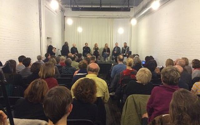 Members of the panel discuss the complexity of Palestinian expression as a Mattress Factory audience of 175 listen. (Photo by Jim Busis)