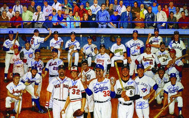 Sandy Koufax is out front in the Ron Lewis painting of Jewish major leaguers. The sale of 500 autographed prints is partly for charity. (Illustration provided by JewishBaseballPlayer.com)