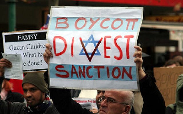 Demonstrators take part in a boycott, divestment and sanctions protest against Israel in 
Melbourne, Australia. (Photo by Mohamed Ouda via Wikimedia Commons)