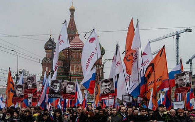 Tens of thousands of demonstrators in Moscow protest the murder of Boris Nemtsov March 1. (Photo by Alexander Aksakov/Getty Images)