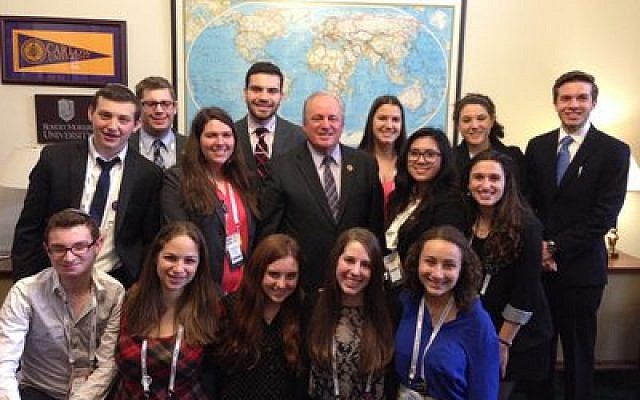 Student members of Pittsburgh’s AIPAC delegation lobbied Rep. Mike Doyle (D-Pa.) on Capitol Hill Tuesday, urging the legislator to sign onto a letter pressing for more scrutiny over U.S. negotiations with Iran. (Photo by Maureen Busis)