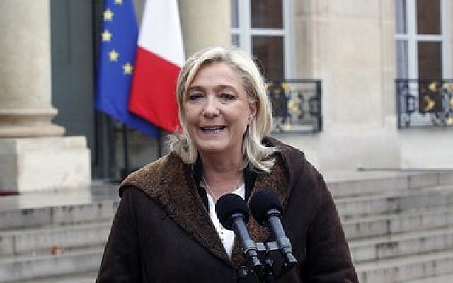 National Front leader Marine Le Pen speaks with reporters following a meeting with French President Francois Hollande earlier this year. (Photo by Thierry Chesnot/Getty Images)
