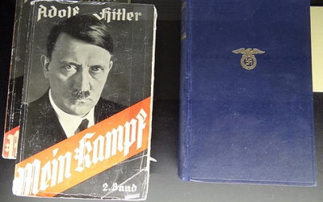 Copies of Adolf Hitler’s “Mein Kampf” are displayed at the Documentation Center 
in Congress Hall in Nuremberg, Germany. (Photo provided by Adam Jones, Ph.D./Wikimedia Commons)