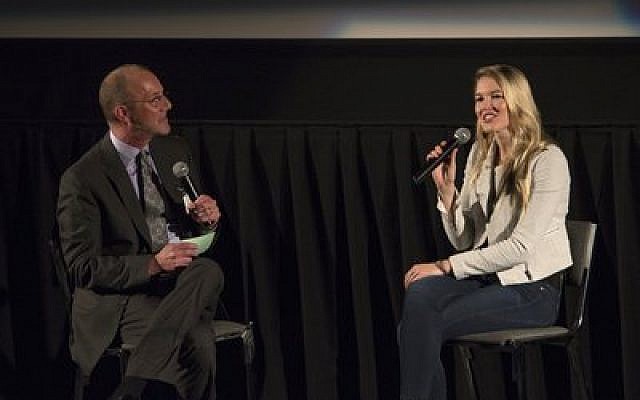Ashley Campbell, Glen’s daughter, talks with JAA Vice Chair Mitchell Pakler as part of the screening of “Glen Campbell: I’ll Be Me.” (Photo by John Schiller)