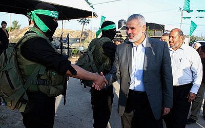 Senior Hamas leader Ismail Haniyeh arrives at a Liberation Youths summer camp organized by the Hamas movement in the Gaza Strip in 2017. (Abed Rahim Khatib/Flash90)