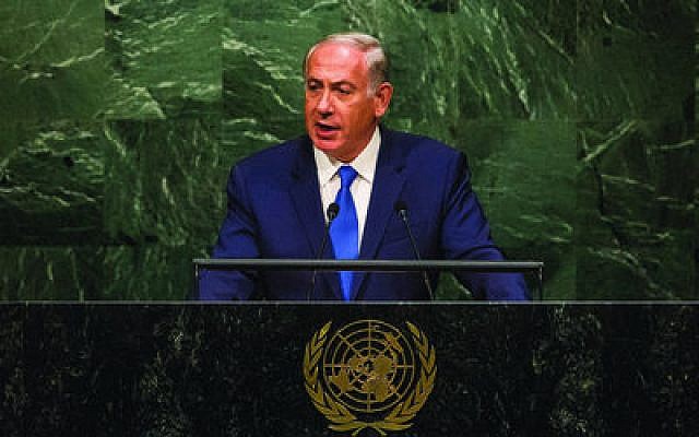 Israeli Prime Minister Benjamin Netanyahu calls out members of the U.N. General Assembly for their inaction on Iran. (Photo by Andrew Burton/Getty Images)
