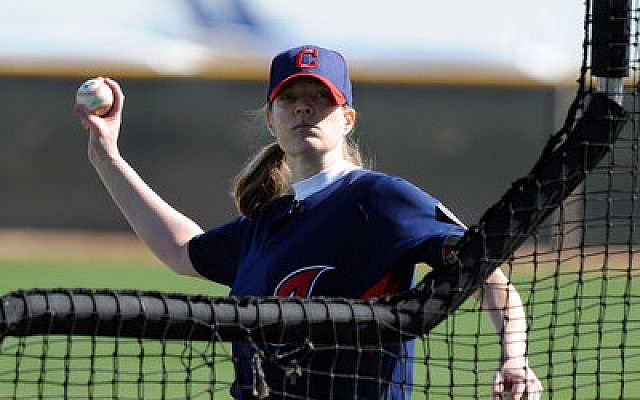 Justine Siegal, prior to coaching for the Athletics, made baseball history in 2011 by throwing batting practice for the Indians. (Photo by Norm Hall/Getty Images)