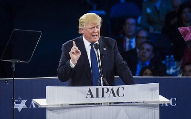 Republican presidential candidate Donald Trump makes a point at the AIPAC Policy Conference in Washington in March.

Photo by Jabin Botsford/The Washington Post via Getty Images