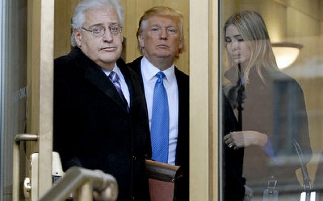 Donald Trump, pictured here with his pick for ambassador to Israel, David Friedman, left, and daughter Ivanka, brings optimism to many Israelis.	
Photo by Bradley C Bower/Bloomberg News via Getty Images
