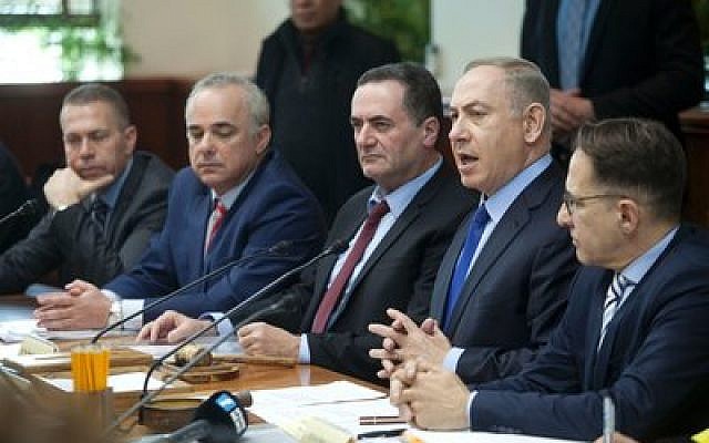 Prime Minister Benjamin Netanyahu (second from right) chairs the weekly Israeli Cabinet meeting in Jerusalem last month. 
Photo by Dan Balilty/AFP/Getty Images