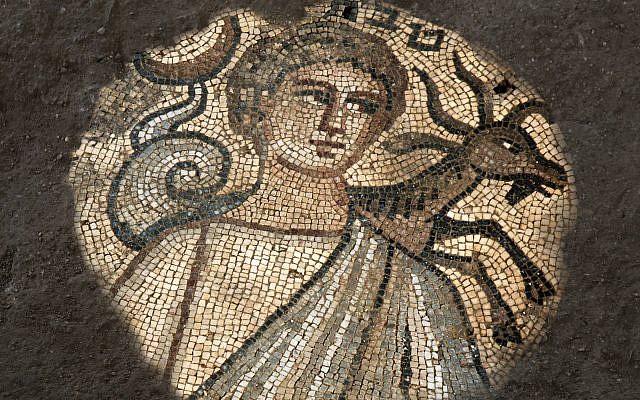 The mosaic Zodiac sign of Capricorn was one of the many discoveries at the fifth-century synagogue in Huqoq. (Photo by Jim Haberman, courtesy of Jodi Magness.)