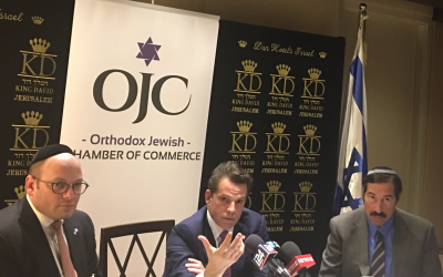 Anthony Scaramucci, center, answers a reporter’s question alongside officials of the Orthodox Jewish Chamber of Commerce at a news conference at the King David Hotel in Jerusalem. (Photo courtesy of Orthodox Jewish Chamber of Commerce)