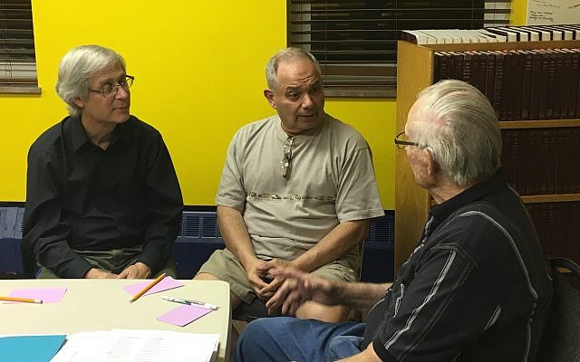 Hal Lederman, Bob Gordon and Larry Rosenzweig discuss what the 1885 Pittsburgh Platform says about Jewish rituals. (Photo provided by Temple David)