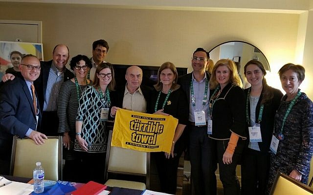 Israeli activist and author Natan Sharansky joins the Pittsburgh contingent in displaying hometown pride. (Photo provided by Jeff Finkelstein)