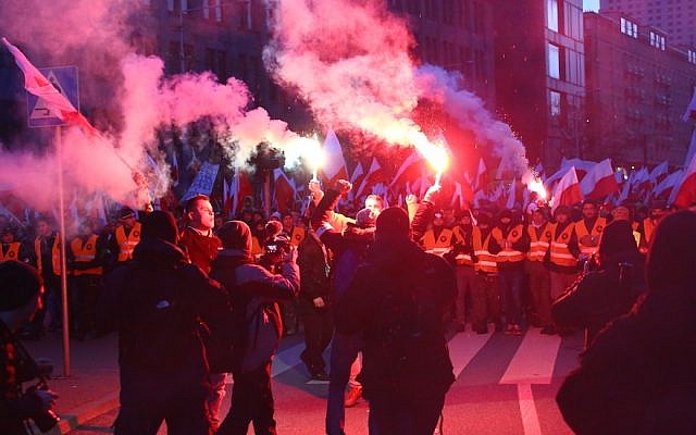 Some of the tens of thousands of nationalists who marched through Warsaw, Nov. 11, 2017. (Jakob Ratz/Pacific Press/LightRocket via Getty Images)