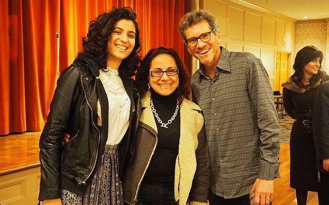 Gabriella Boyiadzis and her mother, Esther Elishaev, pose with the presenter at the event, Hollywood screenwriter David Weiss. (Photo provided by Chabad of Squirrel Hill)