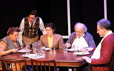A scene from the New Yiddish Rep’s staging of “Awake and Sing!” featuring, from left, Ronit Asheri, Moshe Lobel, Lea Kalisch, David Mandelbaum and Eli Rosen. (Photo by Pedro Hernandez)