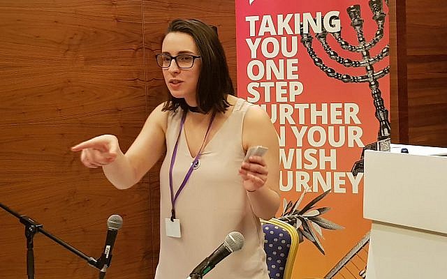 Florence Schechter showcases her museum idea at a Limmud Festival in Birmingham, England, Dec. 28, 2017.  (Photo by Cnaan Liphshiz)