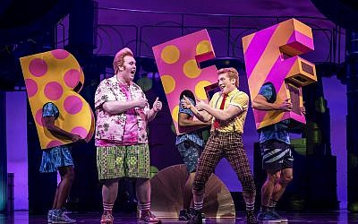 Danny Skinner, left, as Patrick Star and Ethan Slater as SpongeBob SquarePants perform in “SpongeBob SquarePants: The Broadway Musical.” (Photo by Joan Marcus)