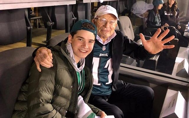 Phil Basser poses for a photo with his grandson, Josh Potter, at the Eagles’ NFC championship game against the Vikings in Philadelphia. (Photo courtesy of Fox 29 News)