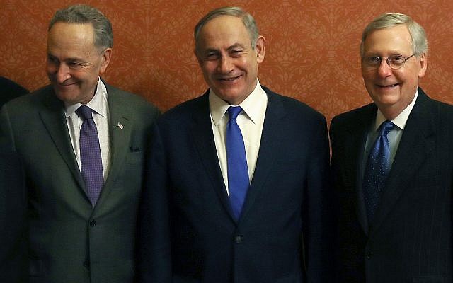 Israeli Prime Minister Benjamin Netanyahu, center, with Democratic Sen. Chuck Schumer, left, and Republican Sen. Mitch McConnell after addressing Congress in 2015. (Photo by Mark Wilson/Getty Images)
