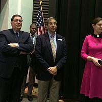 Mayor Bill Peduto, Rabbi Ron Symons and Rev. Liddy Barlow at the "Faithful Responses to Gun Violence" forum. All three were involved with the Pittsburgh synagogue shooting response.  (Photo by Toby Tabachnick)