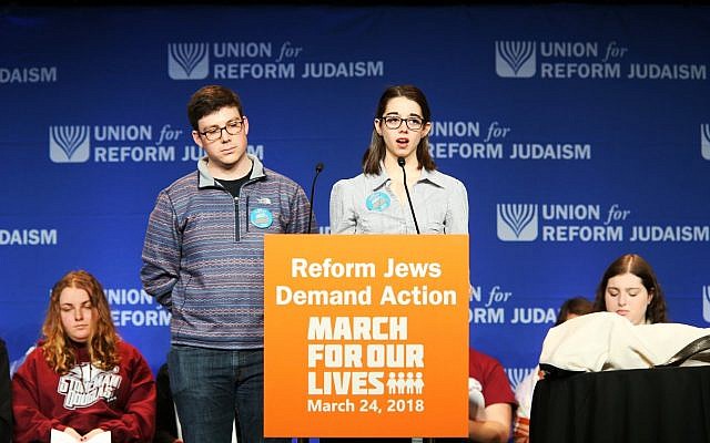 Pitt student Kathryn Fleisher and Boston University’s Blake Dickler speak to a room of 2,500 Reform Jews in Washington, D.C., moments before participating in the main March for Our Lives. (Photo from NFTY Official Facebook Page)