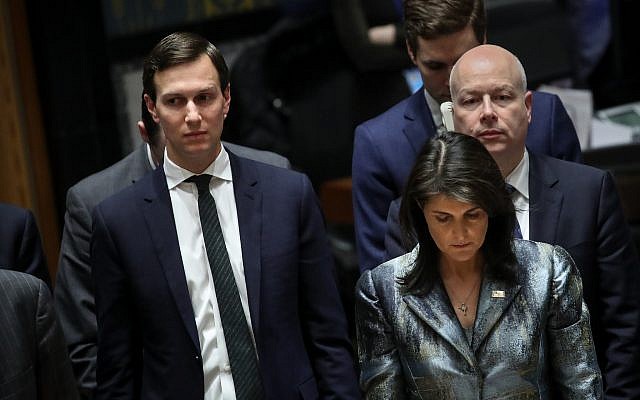 Jared Kushner, left, at a U.N. conference in New York with U.S. Ambassador to the United Nations Nikki Haley and his fellow Middle East peace negotiator Jason Greenblatt. (Photo by Drew Angerer/Getty Images)