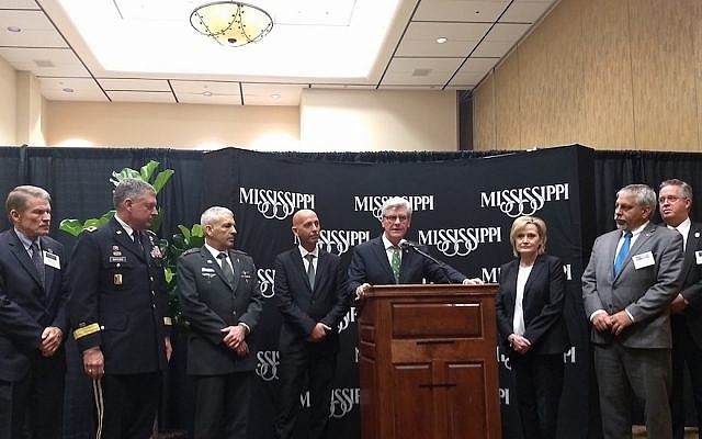 Mississippi Gov. Phil Bryant at a press conference with Israeli officials at the Homeland Defense and Security Summit in Biloxi, March 13, 2018. (Photo by Ben Sales)