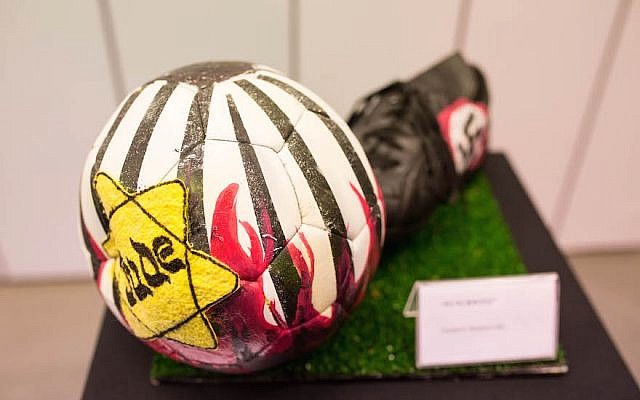 The exhibition at River Plate’s museum includes six illustrated soccer balls. This one was by Gustavo Nemirovsky. (Photo by Tabare da Ponte/Courtesy of “No Fue un Juego”)