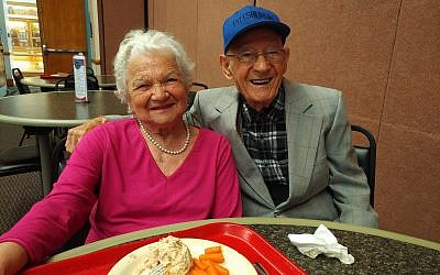 Bronia Weiner, 98, and Manny Kolski, 103, both of Squirrel Hill, enjoy a friendly lunch at J Cafe at the Jewish Community Center of Greater Pittsburgh. (Photo by Adam Reinherz )