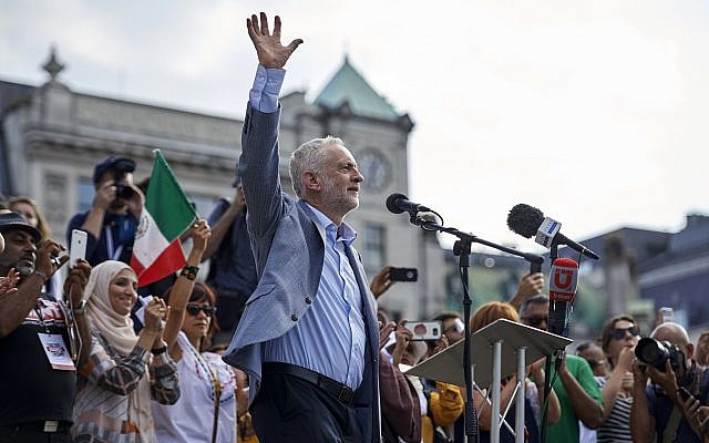 Jeremy Corbyn addresses a crowd in London’s Trafalgar Square in July. (Photo by Niklas Hallen/AFP/Getty Images)