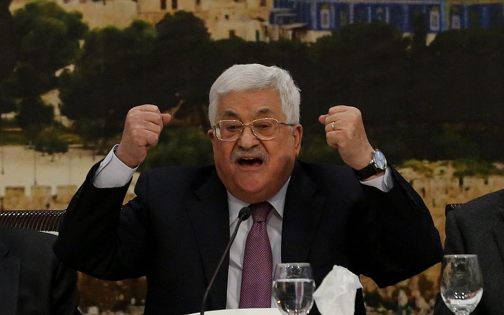 Palestinian Authority President Mahmoud Abbas speaks at a session of the Palestinian Central Council in January.(Photo by Issam Rimawi/Anadolu Agency/Getty Images)