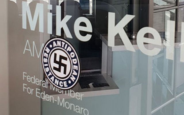 A swastika sticker was left on the office door of Australian lawmaker Mike Kelly. (Photo by J-Wire)