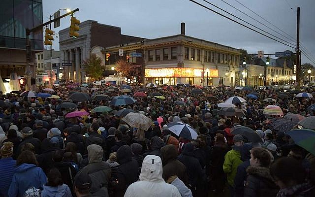Members of the Squirrel Hill community in Pittsburgh come together for a student-organized candle vigil in remembrance of those who died earlier in the day during a shooting at the Tree of Life Synagogue, Oct. 27, 2018. (Photo by Dustin Franz/AFP/Getty Images)