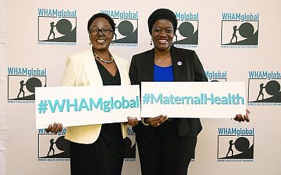 Hanifa Nakiryowa, MID, a global health associate for WHAMglobal and the Jewish Healthcare Foundation, and Tausi Suedi, MPH, co-founder and CEO of Childbirth Survival International, encourage people to continue the conversation on creating a world-class maternal and infant health care system. (Photo by Scotland Huber, Jewish Healthcare Foundation)