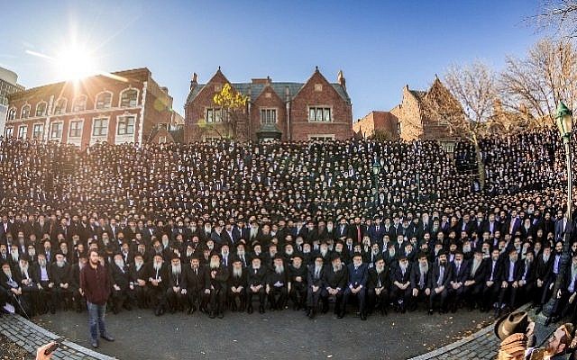 Some 4,700 Chabad-Lubavitch emisaries from 100 countries pose for the annual group photo in front of the organization’s Brooklyn headquarters. (Courtesy photo)