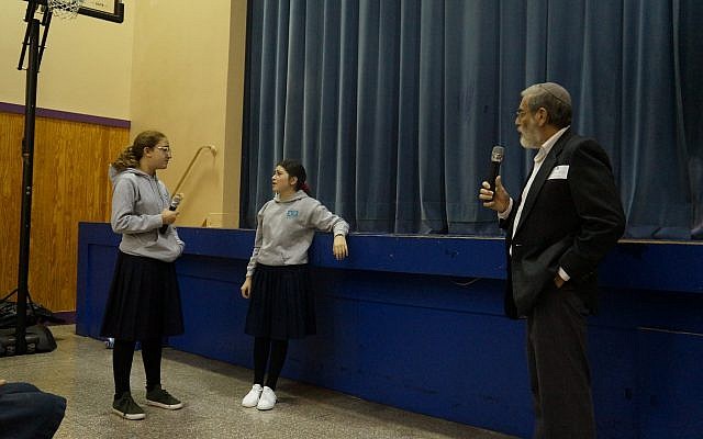 Elisheva Andruiser and Zoe Firtell role-play a bullying scenario to help their classmates learn how to defuse a bullying situation. (Photo courtesy of Yeshiva Schools)