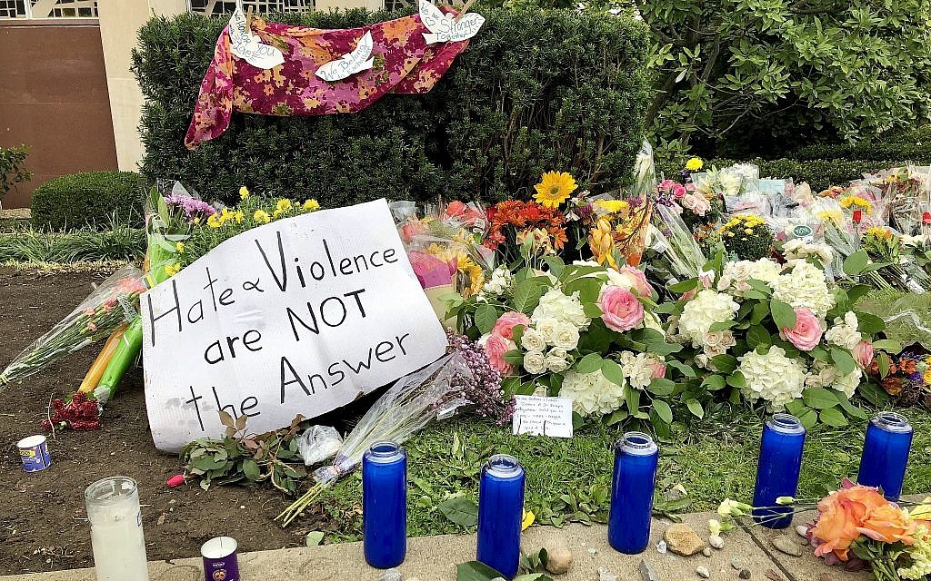 A portion of a memorial outside the Tree of Life building in 2018 (Photo by Jim Busis)