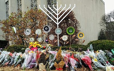 Following the Oct. 27, 2018, shooting flowers were placed outside of the Tree of Life building. (Photo by Adam Reinherz)