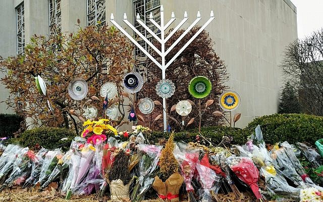 Following the Oct. 27, 2018, shooting flowers were placed outside of the Tree of Life building. (Photo by Adam Reinherz)